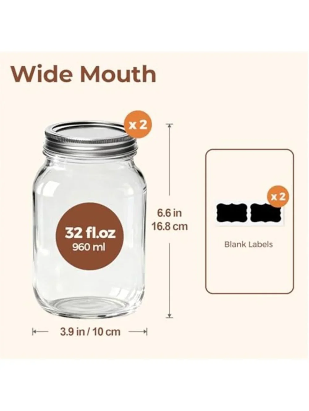 Wide Mouth Mason Jars 32 oz with Lids 2 Pcs, Quart Mason Jars with Seal Band